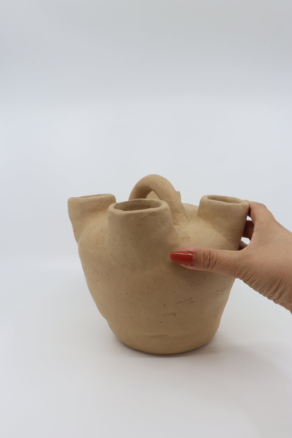 Four Spout Handcrafted Vase in Natural Clay